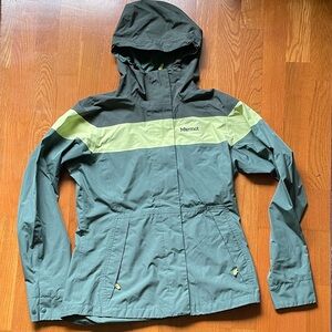 Marmot Women's Rain Jacket in Green with Neon Yellow Stripe